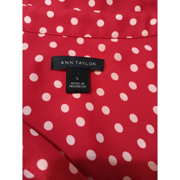 ANN TAYLOR Classic Dressy Career Blouse Top Large Pockets Red Beige Polka Dots - Picture 4 of 9